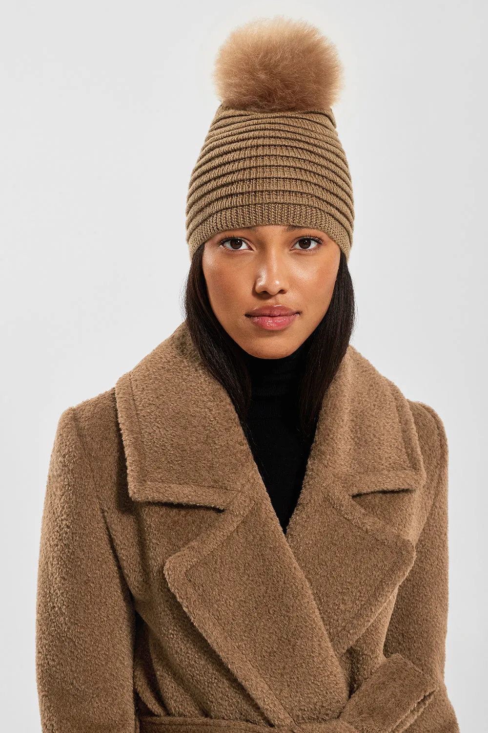 Adult Ribbed Hat With Oversized Fur Pompon