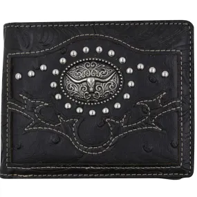 Black Western Ostrich Longhorn Design Men Bi-Fold Wallet