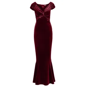 Claret Red Cap Sleeve Twist Bust Fishtail Hem Velour Maxi Dress