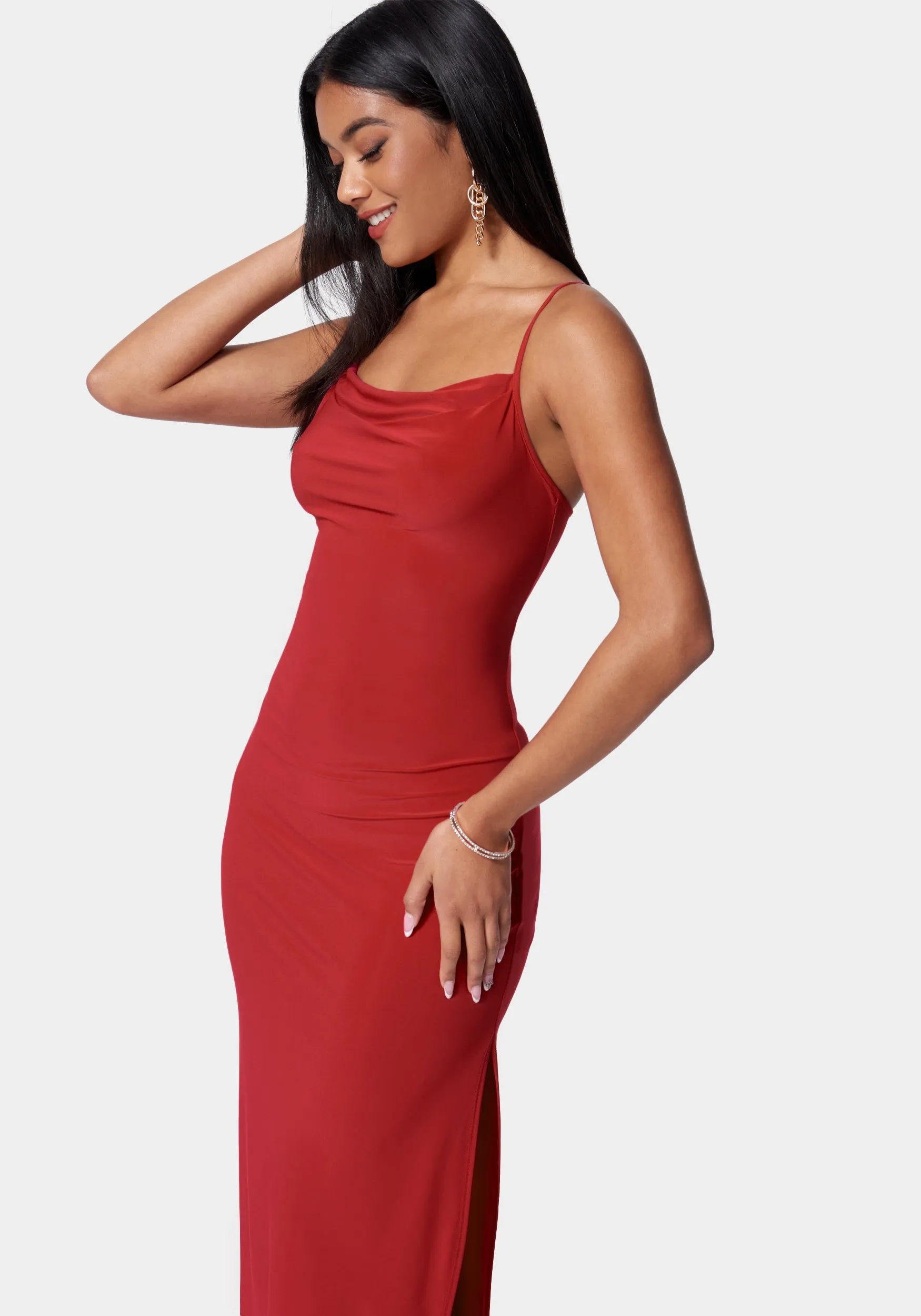 Cowl Neck Spaghetti Strap Slit Maxi