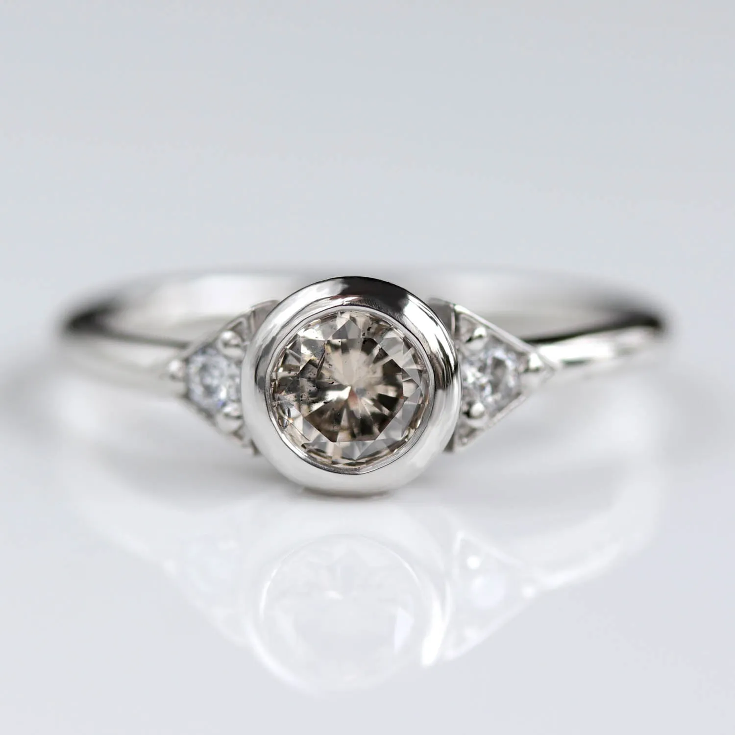 Deco Three Stone Ring with recycled Light Champagne Diamond