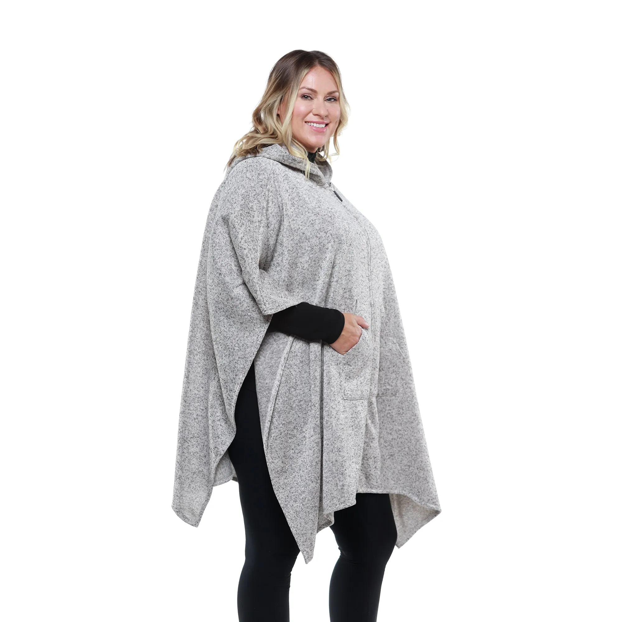 Heather Anne Hooded Full Zip Marl Knit Fleece Poncho