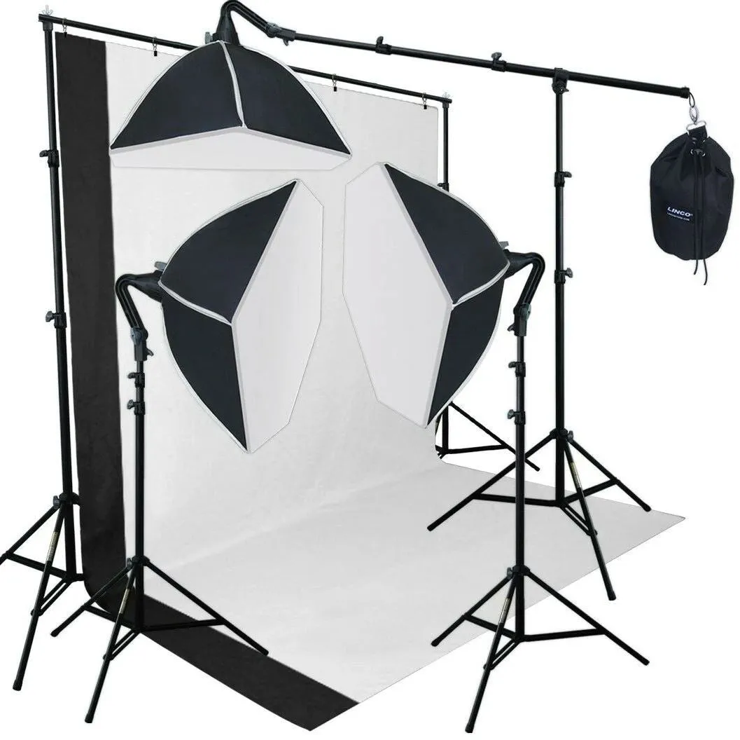 LNCPro™ 77"x120" Adjustable Photography Studio Muslin Background Stand Kit: Morning Glory Softboxes, Backdrop Crossbars