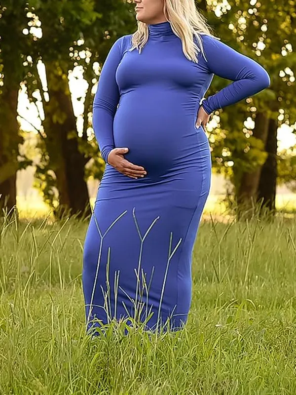 Momnfancy Sapphire Blue High Neck Boy Baby Shower Bodycon Maternity Maxi Dress