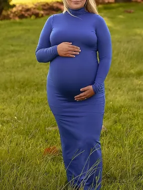 Momnfancy Sapphire Blue High Neck Boy Baby Shower Bodycon Maternity Maxi Dress